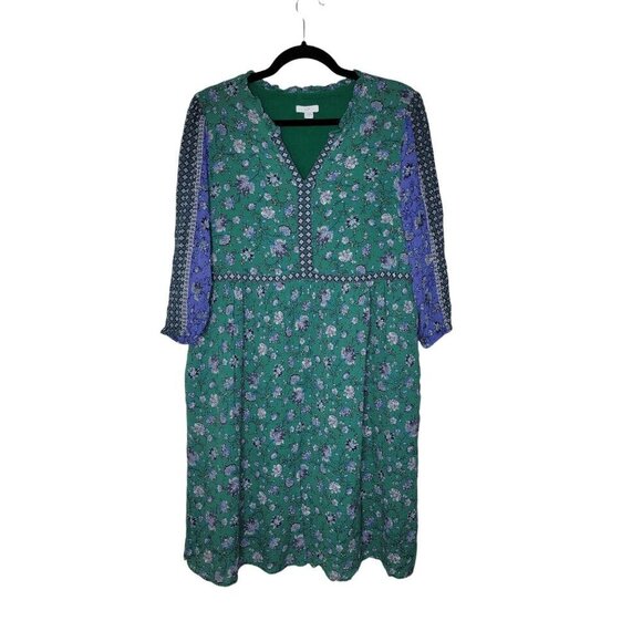 J Jill Boho Peasant Dress Womens S Green Crepe Pullover 3/4 Sleeve Floral Print - Picture 1 of 13
